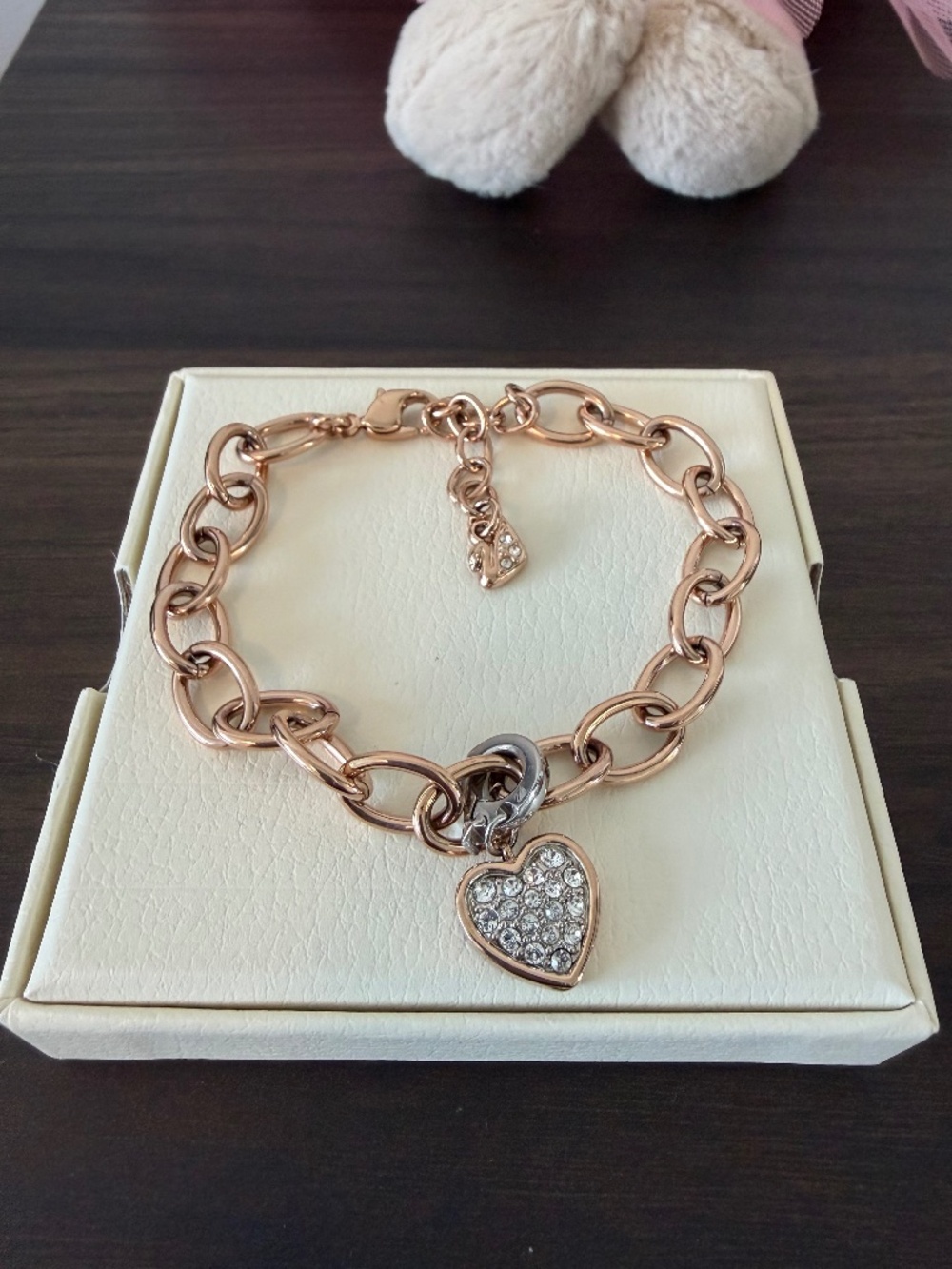Vintage Swarovski Rose Gold Tone Bracelet with Charm Heart 7"-8.5"